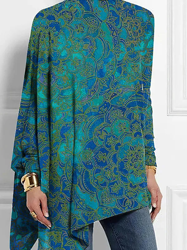 Asymmetric Printed High-low Long Sleeves High Neck T-Shirts Tops