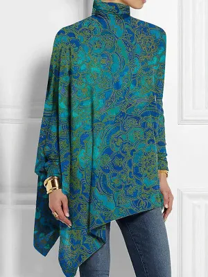 Asymmetric Printed High-low Long Sleeves High Neck T-Shirts Tops