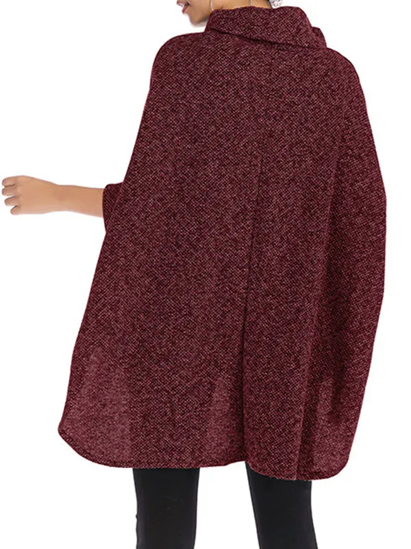 Batwing Sleeves High-Low Solid Color High Neck Knitwear Pullovers Sweater Tops