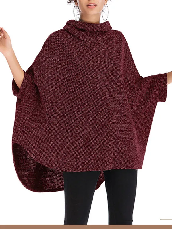 Batwing Sleeves High-Low Solid Color High Neck Knitwear Pullovers Sweater Tops