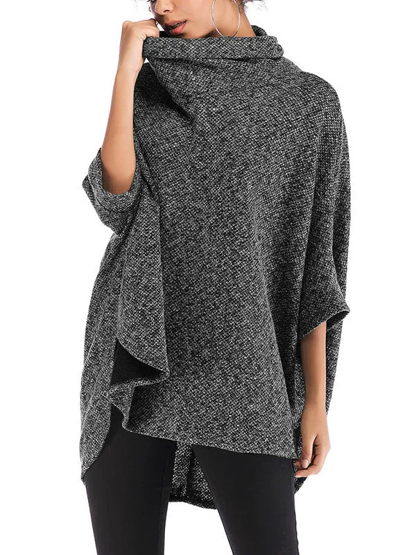 Batwing Sleeves High-Low Solid Color High Neck Knitwear Pullovers Sweater Tops