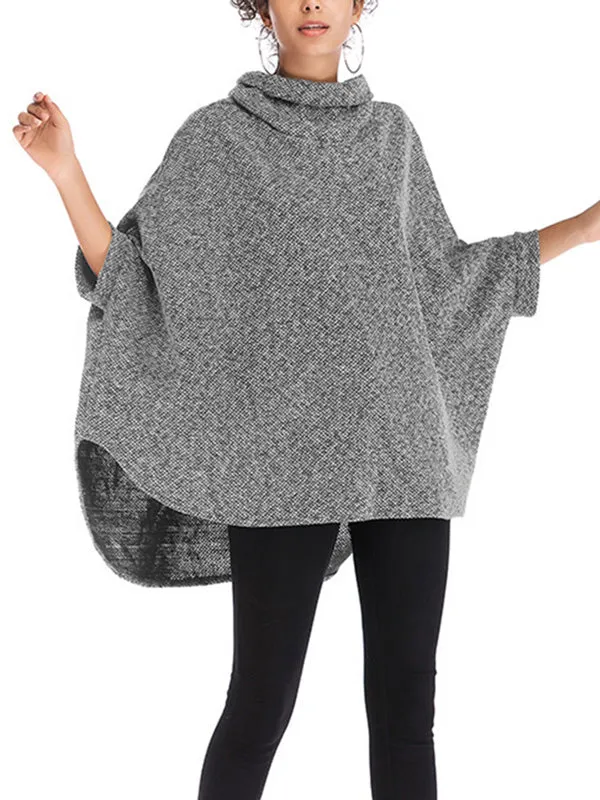 Batwing Sleeves High-Low Solid Color High Neck Knitwear Pullovers Sweater Tops