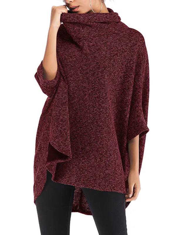 Batwing Sleeves High-Low Solid Color High Neck Knitwear Pullovers Sweater Tops
