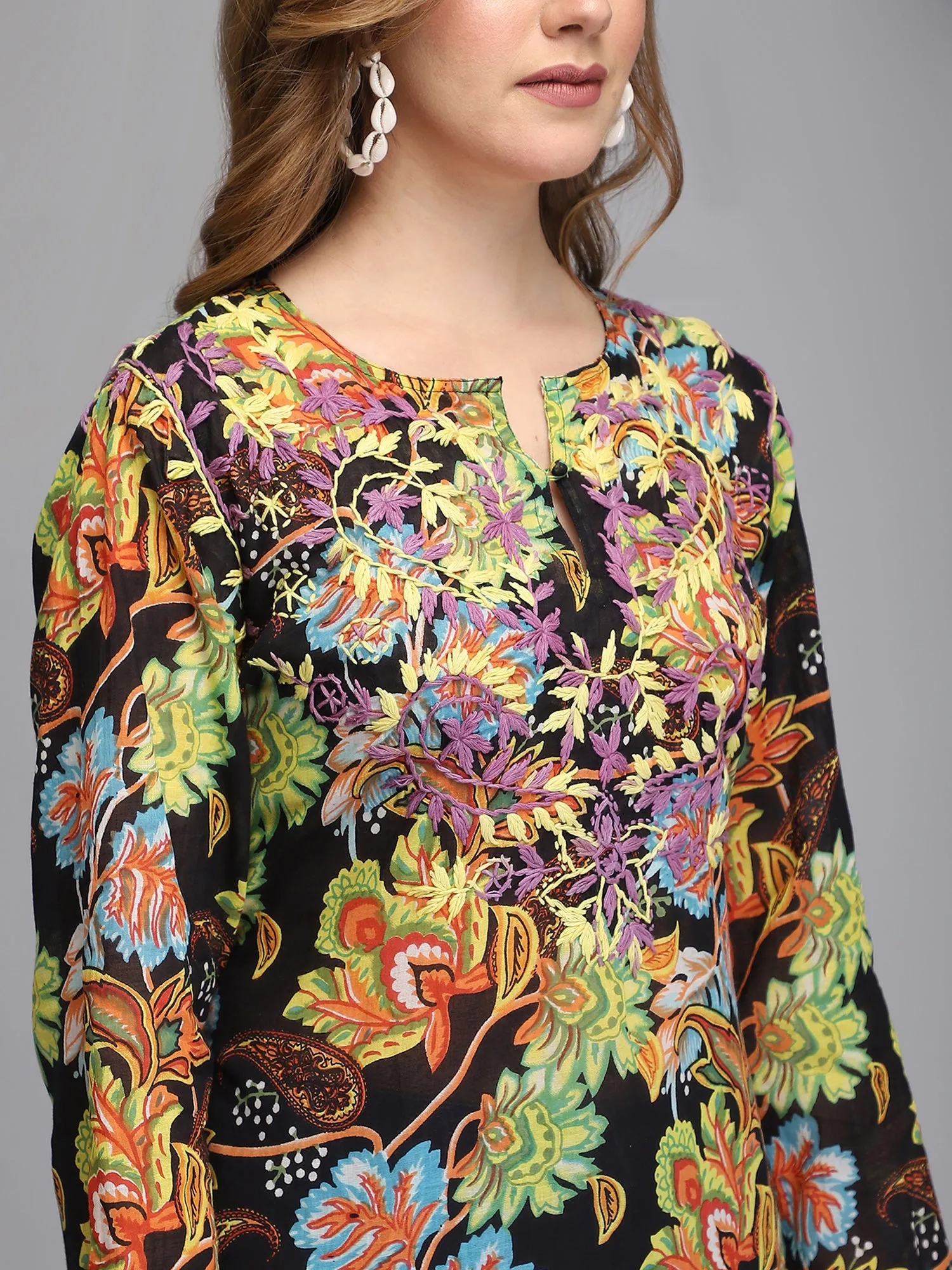 Black hand embroidered cotton tunic
