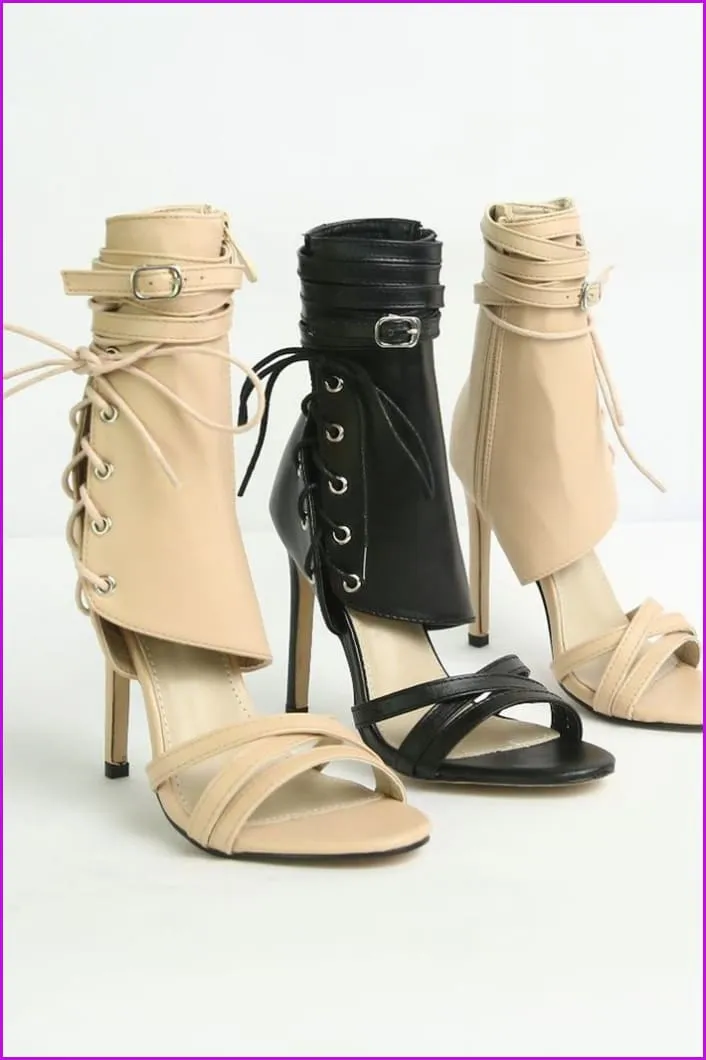 Black/Beige Sweet Laced PU High Heel Sandals F083