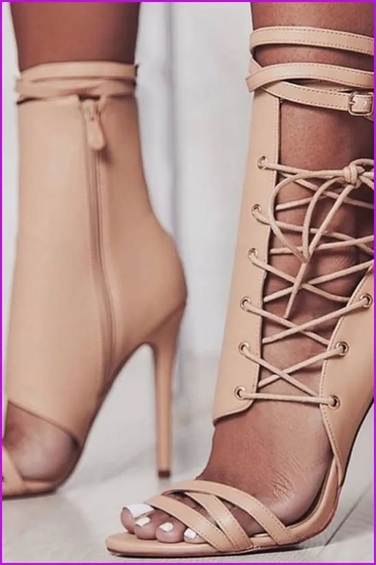 Black/Beige Sweet Laced PU High Heel Sandals F083