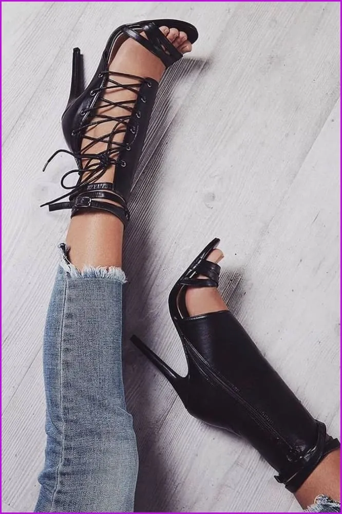 Black/Beige Sweet Laced PU High Heel Sandals F083