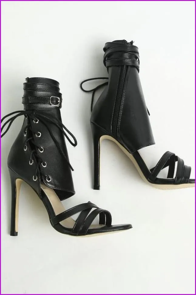 Black/Beige Sweet Laced PU High Heel Sandals F083