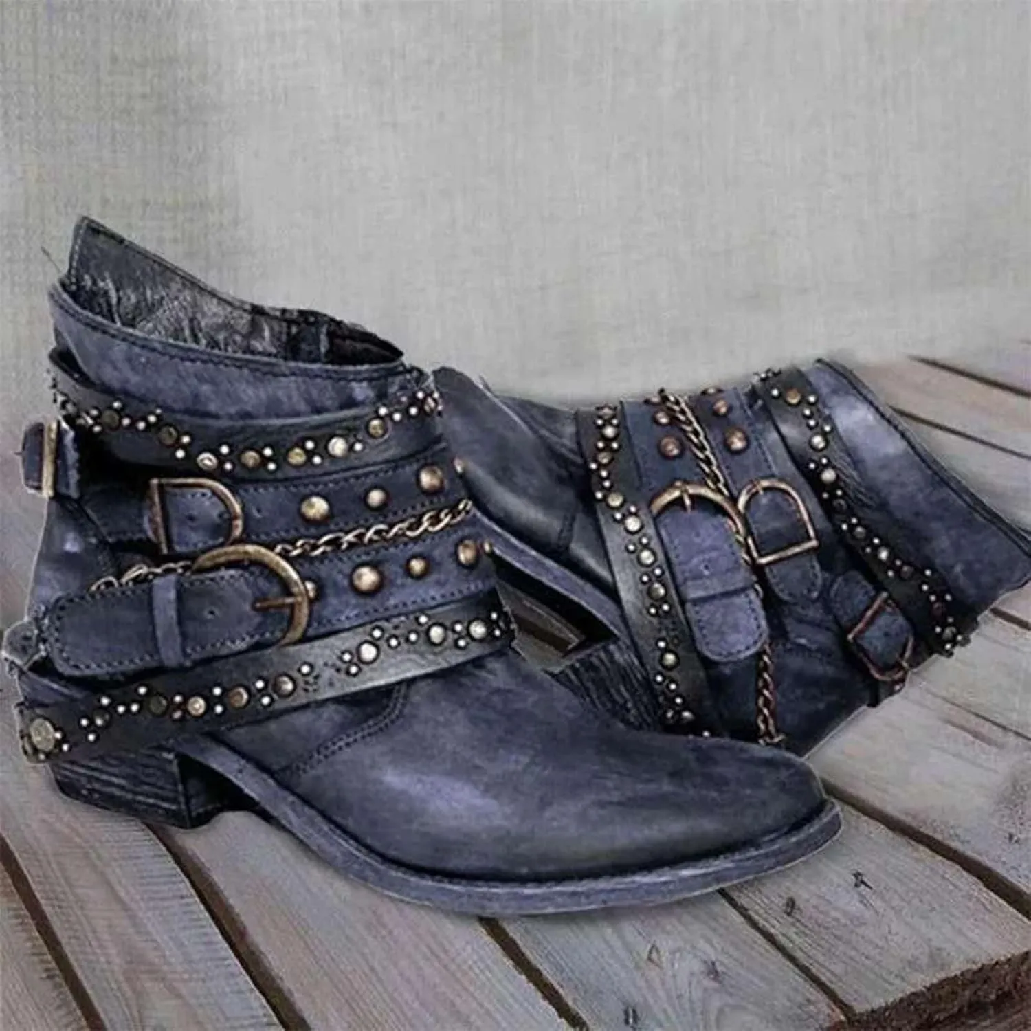 Booties for Women Ankle Black Flat Booties Flat Cowboy Boots for Women Black Ankle Boot Casual Round Head Closed Pointed Toe Low Block Heel Zip Up