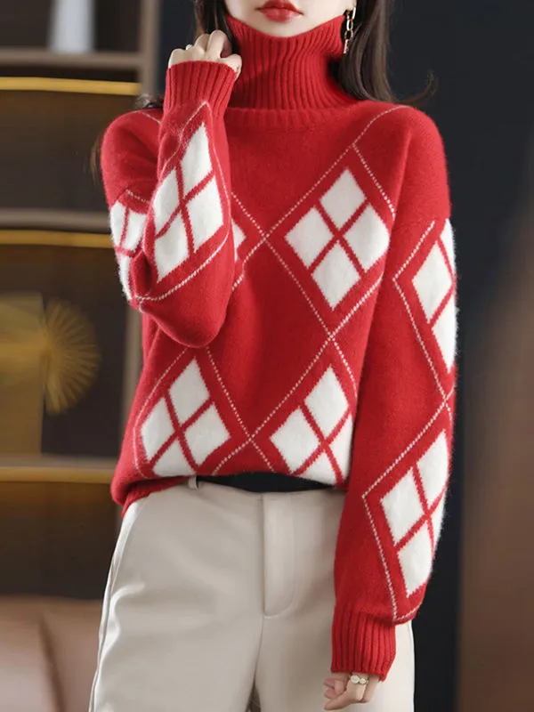 Casual Long Sleeves Loose Plaid High-Neck Sweater Tops