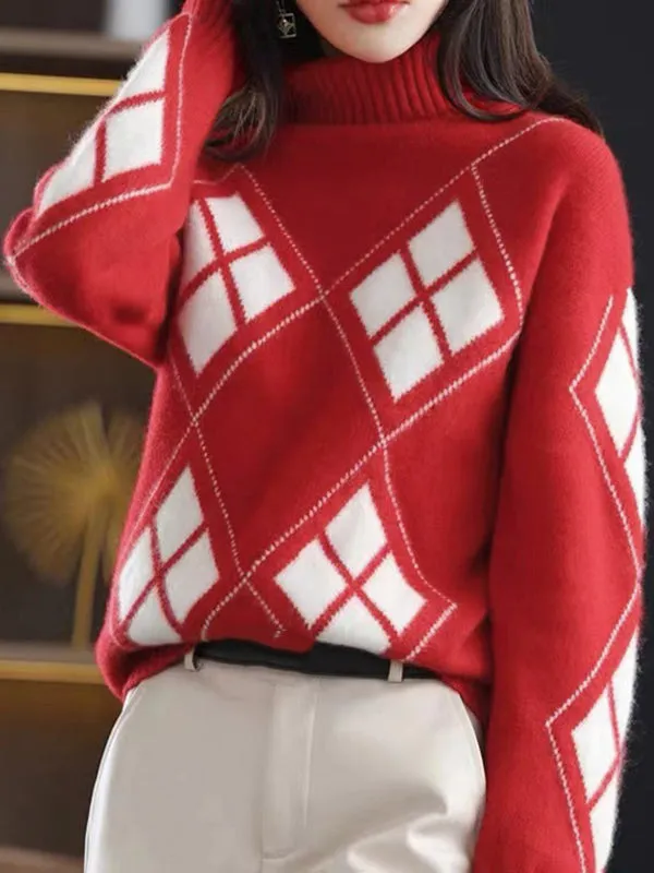 Casual Long Sleeves Loose Plaid High-Neck Sweater Tops