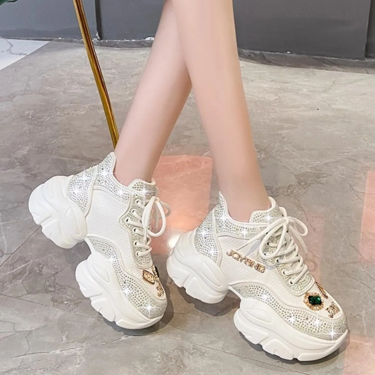 Chunky Sneakers for Women Fashion Sparkling Rave Platform Thick Sole Dad Shoes