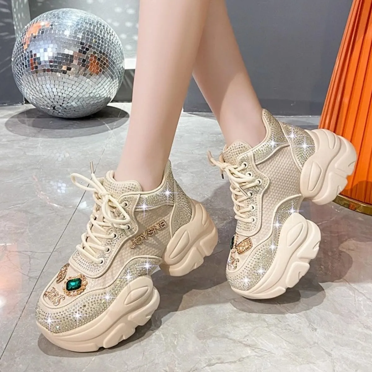 Chunky Sneakers for Women Fashion Sparkling Rave Platform Thick Sole Dad Shoes