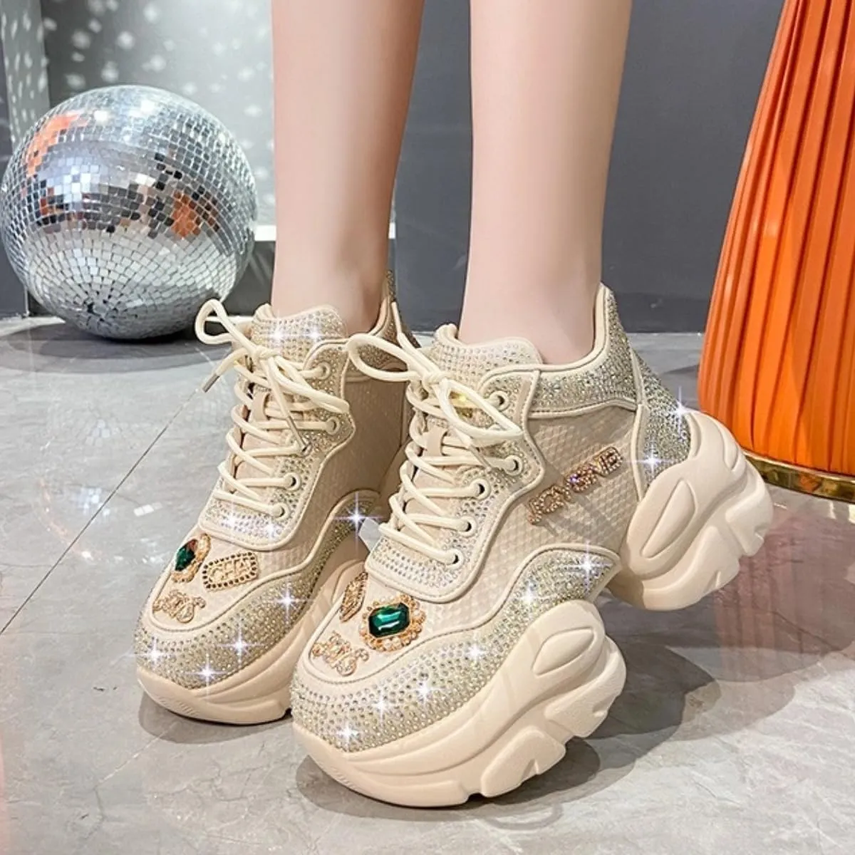 Chunky Sneakers for Women Fashion Sparkling Rave Platform Thick Sole Dad Shoes