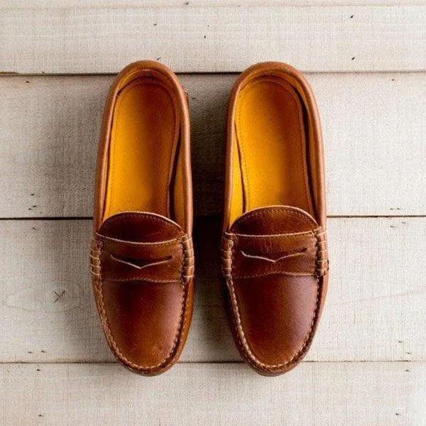 Classic Womens Leather Penny Loafer Casual Flat Shoes