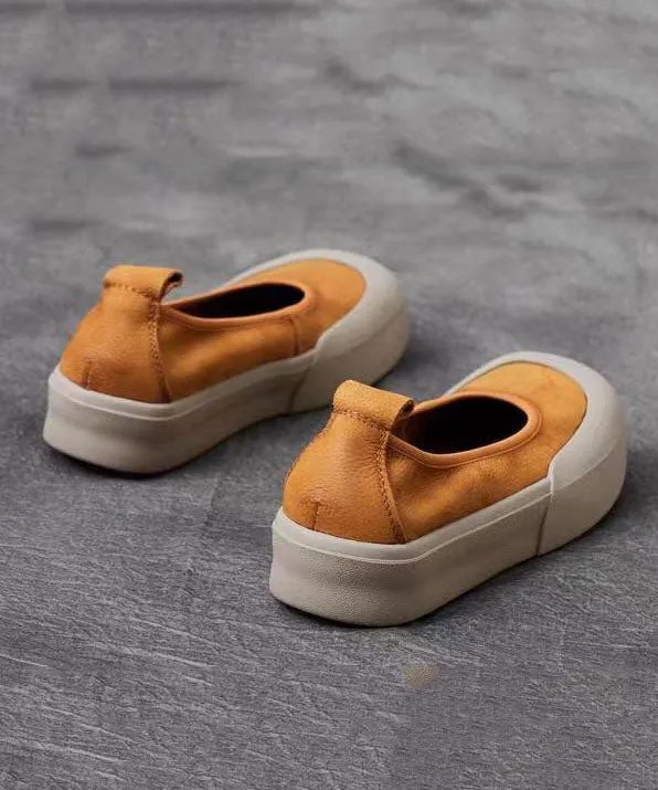 Comfy Yellow Cowhide Leather Women Splicing Flat Shoes LY7585