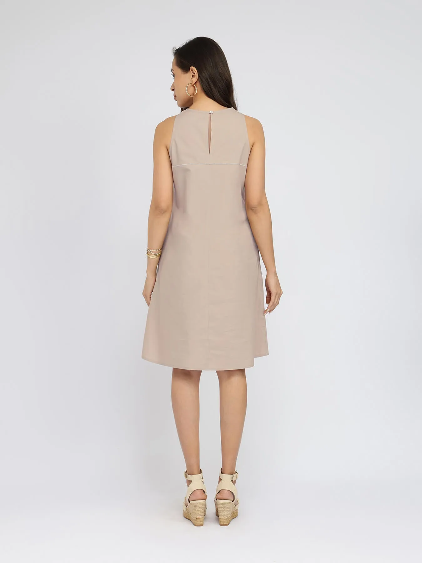Cotton Solid A-Line Dress - Beige