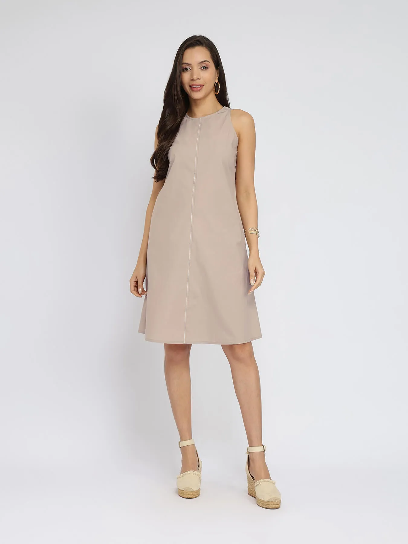 Cotton Solid A-Line Dress - Beige