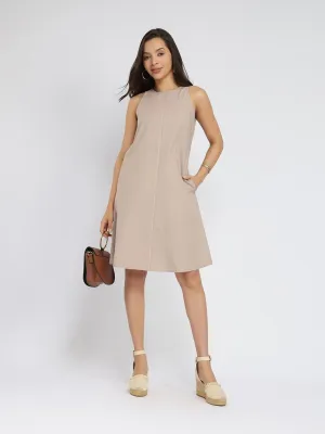 Cotton Solid A-Line Dress - Beige