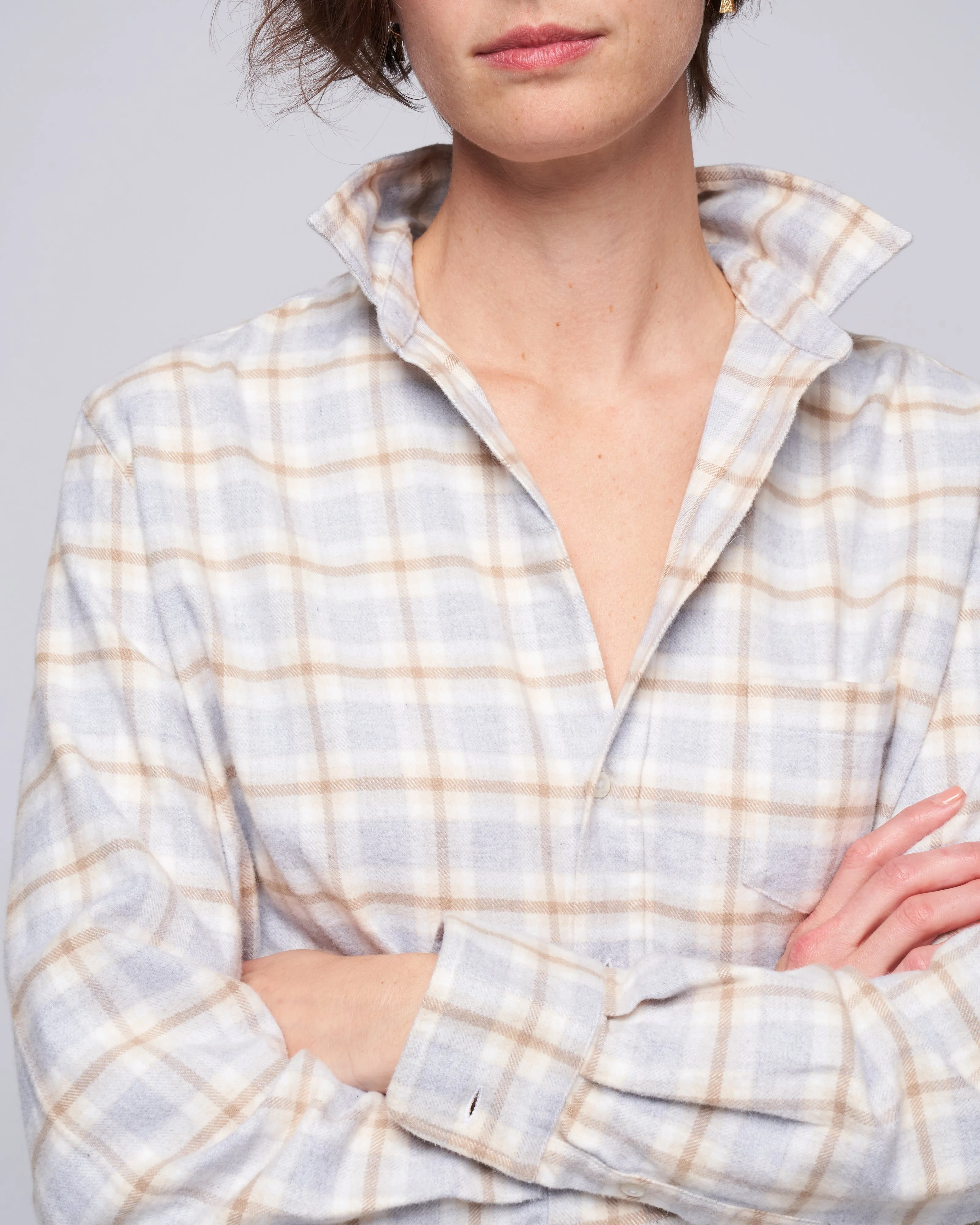 eileen relaxed button-up shirt - grey, tan, white plaid