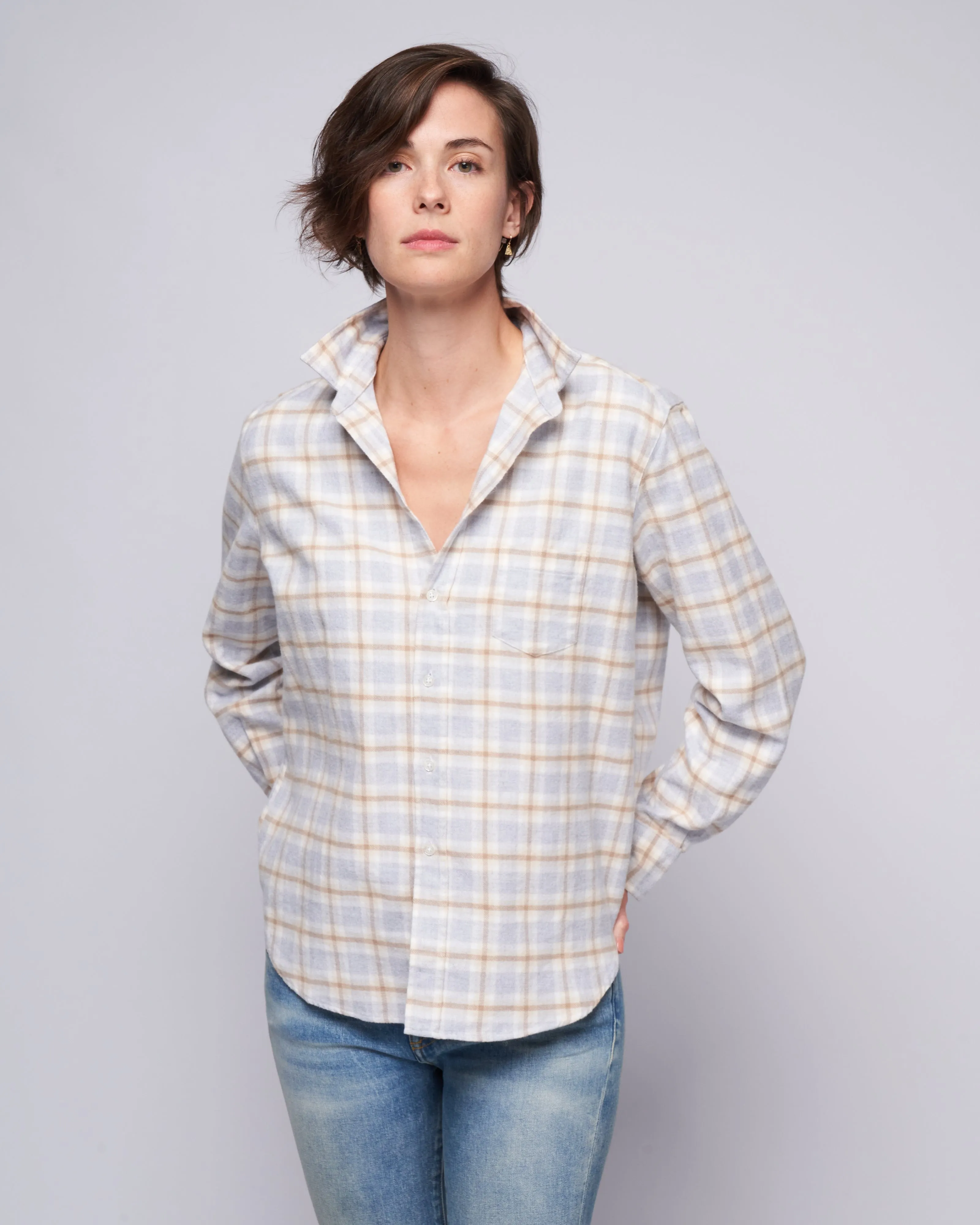 eileen relaxed button-up shirt - grey, tan, white plaid