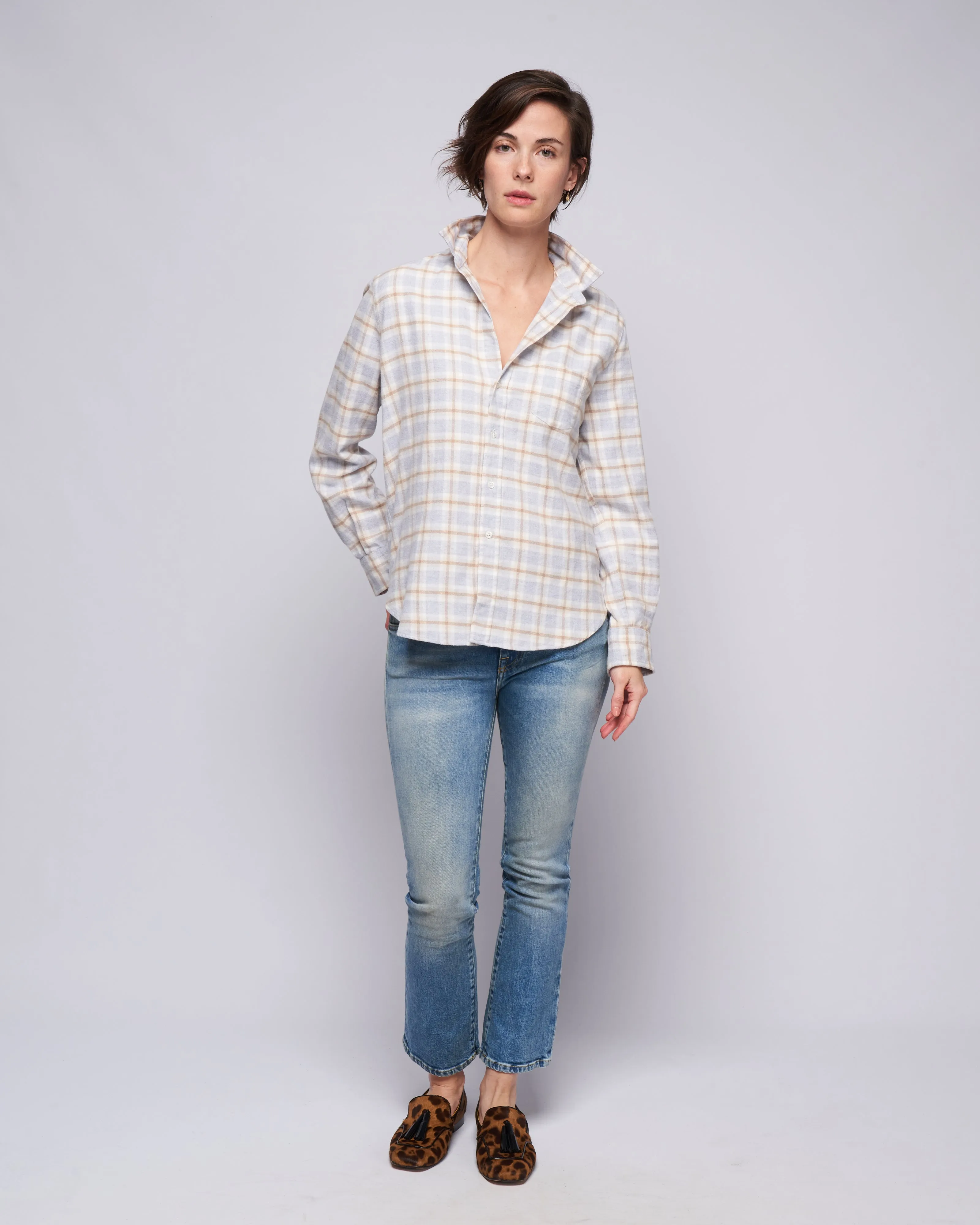 eileen relaxed button-up shirt - grey, tan, white plaid