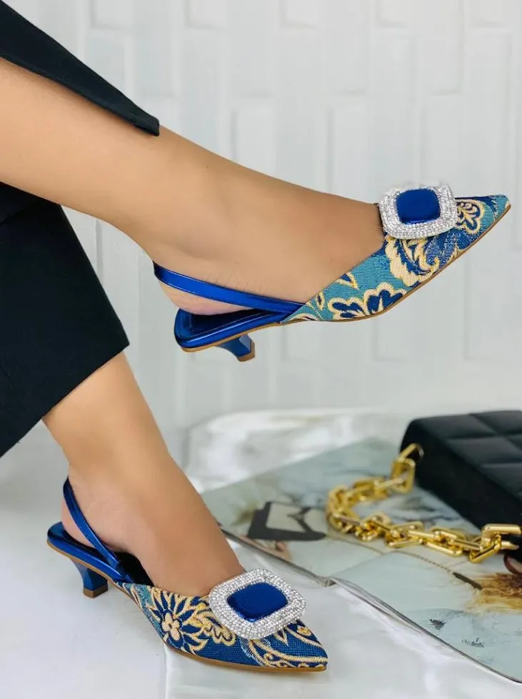 Elegant Printed Blue Faux Leather Heels with Silver Diamond Decor - Deminis Atelier