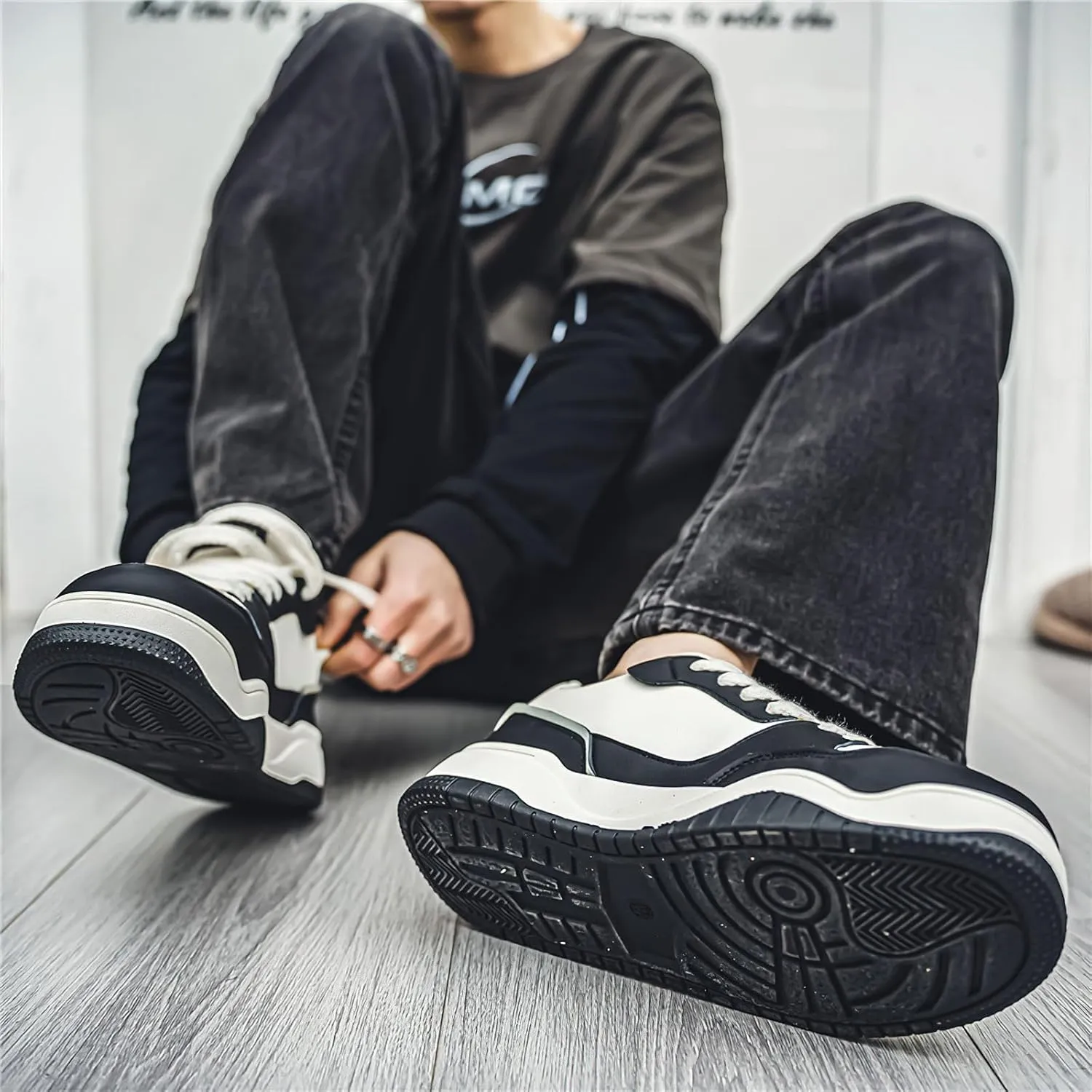 Exusiai Mens Fashion Streetwear Shoes Casual Non Slip Lace-Up Walking Chunky Sneakers Outdoor White Comfortable Breathable Dad Shoes