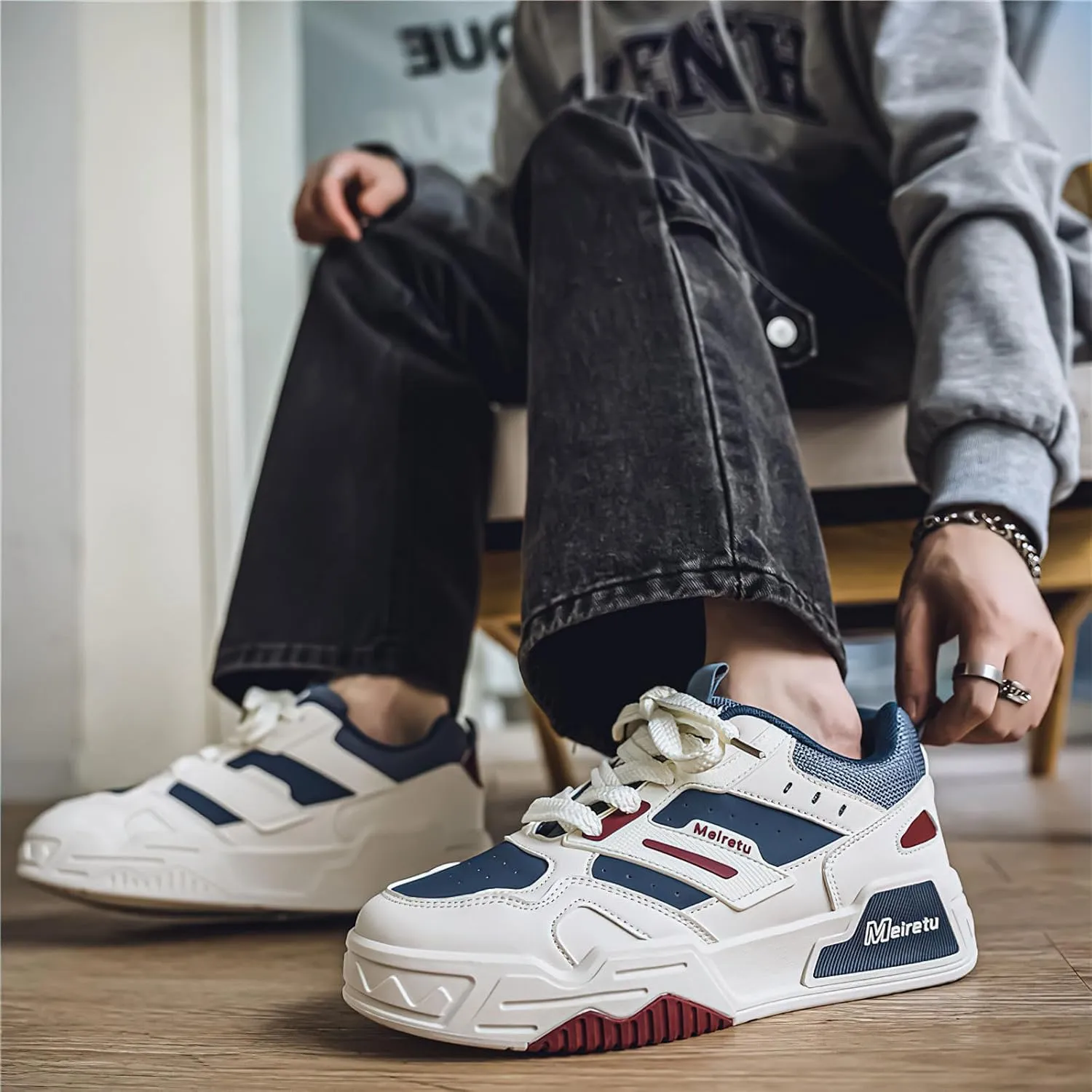 Exusiai Mens Fashion Streetwear Shoes Casual Non Slip Lace-Up Walking Chunky Sneakers Outdoor White Comfortable Breathable Dad Shoes