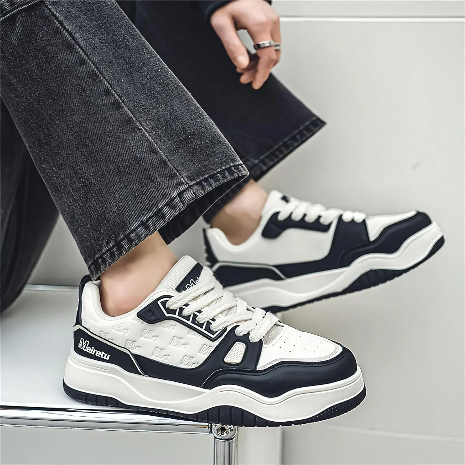 Exusiai Mens Fashion Streetwear Shoes Casual Non Slip Lace-Up Walking Chunky Sneakers Outdoor White Comfortable Breathable Dad Shoes