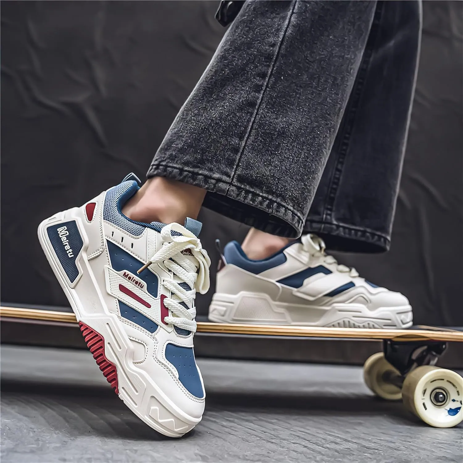 Exusiai Mens Fashion Streetwear Shoes Casual Non Slip Lace-Up Walking Chunky Sneakers Outdoor White Comfortable Breathable Dad Shoes