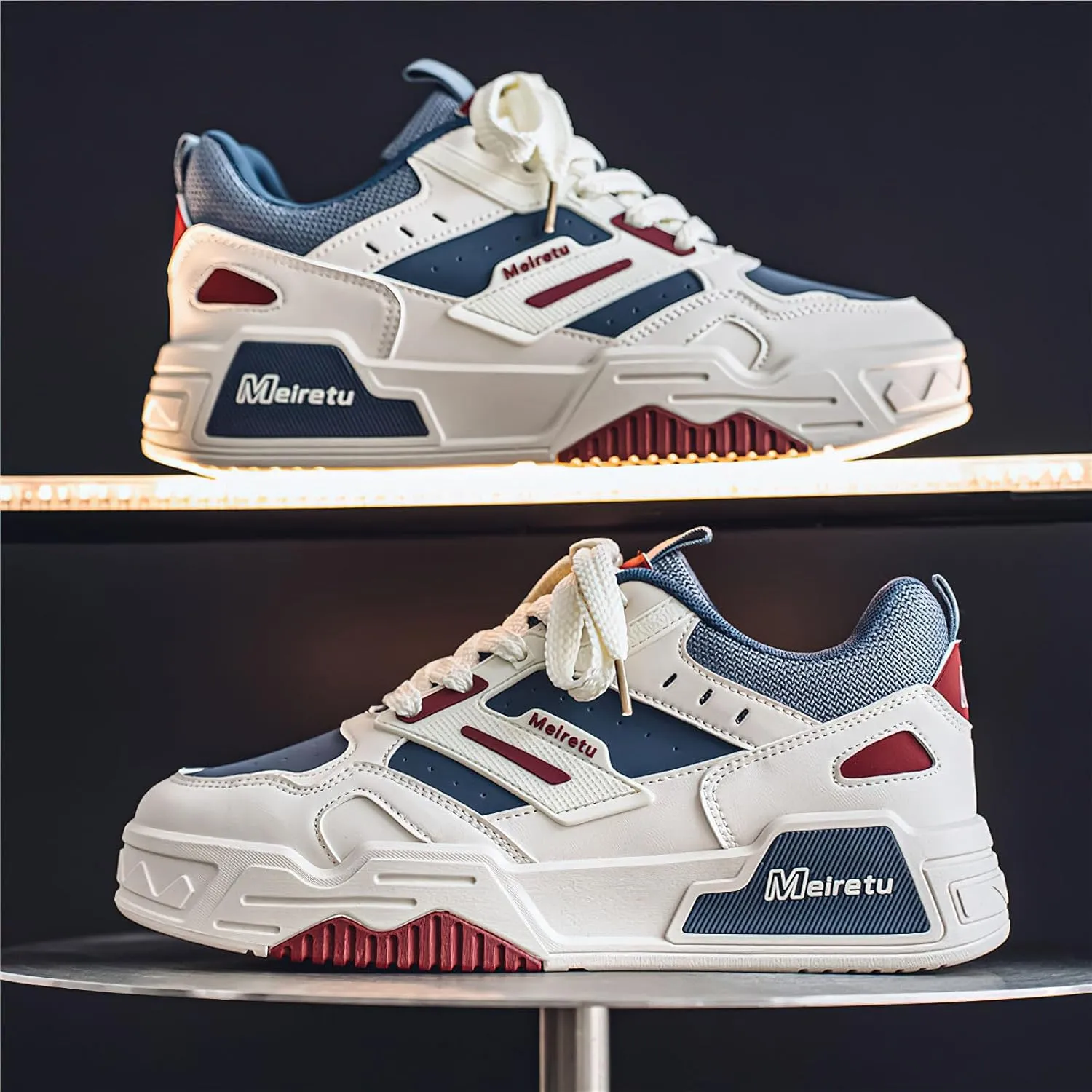 Exusiai Mens Fashion Streetwear Shoes Casual Non Slip Lace-Up Walking Chunky Sneakers Outdoor White Comfortable Breathable Dad Shoes