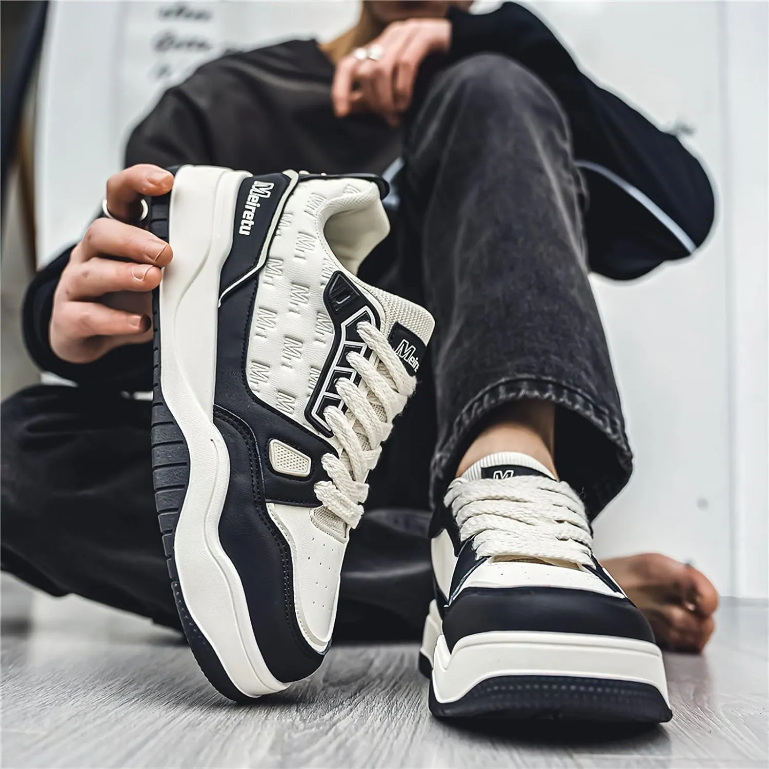 Exusiai Mens Fashion Streetwear Shoes Casual Non Slip Lace-Up Walking Chunky Sneakers Outdoor White Comfortable Breathable Dad Shoes