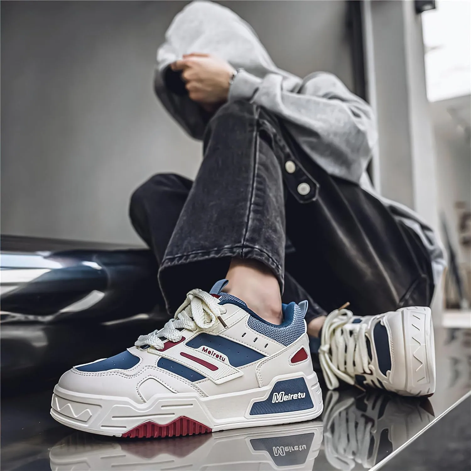 Exusiai Mens Fashion Streetwear Shoes Casual Non Slip Lace-Up Walking Chunky Sneakers Outdoor White Comfortable Breathable Dad Shoes