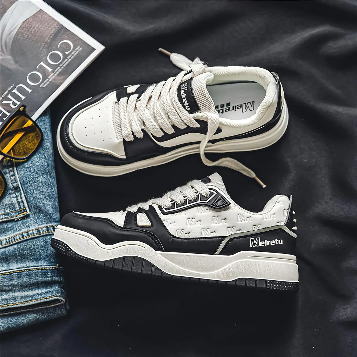 Exusiai Mens Fashion Streetwear Shoes Casual Non Slip Lace-Up Walking Chunky Sneakers Outdoor White Comfortable Breathable Dad Shoes
