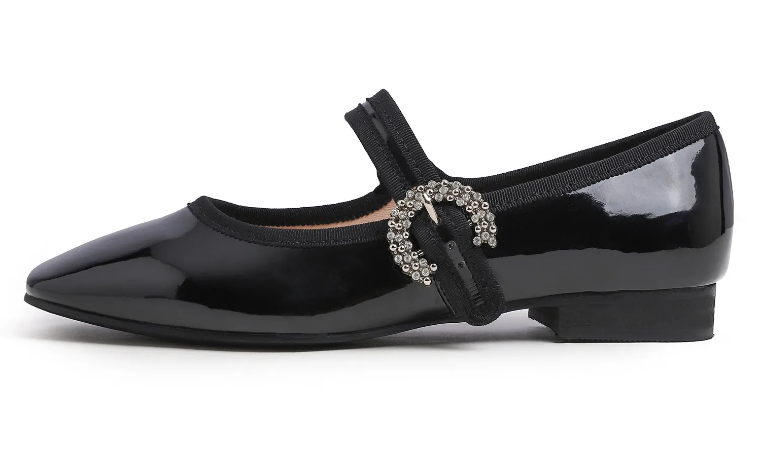 Feversole Women's Mary Jane Fashion Square Toe Easy Buckle Low Heel Slip On Flats Patent Vegan Leather Rhinestones