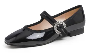Feversole Women's Mary Jane Fashion Square Toe Easy Buckle Low Heel Slip On Flats Patent Vegan Leather Rhinestones