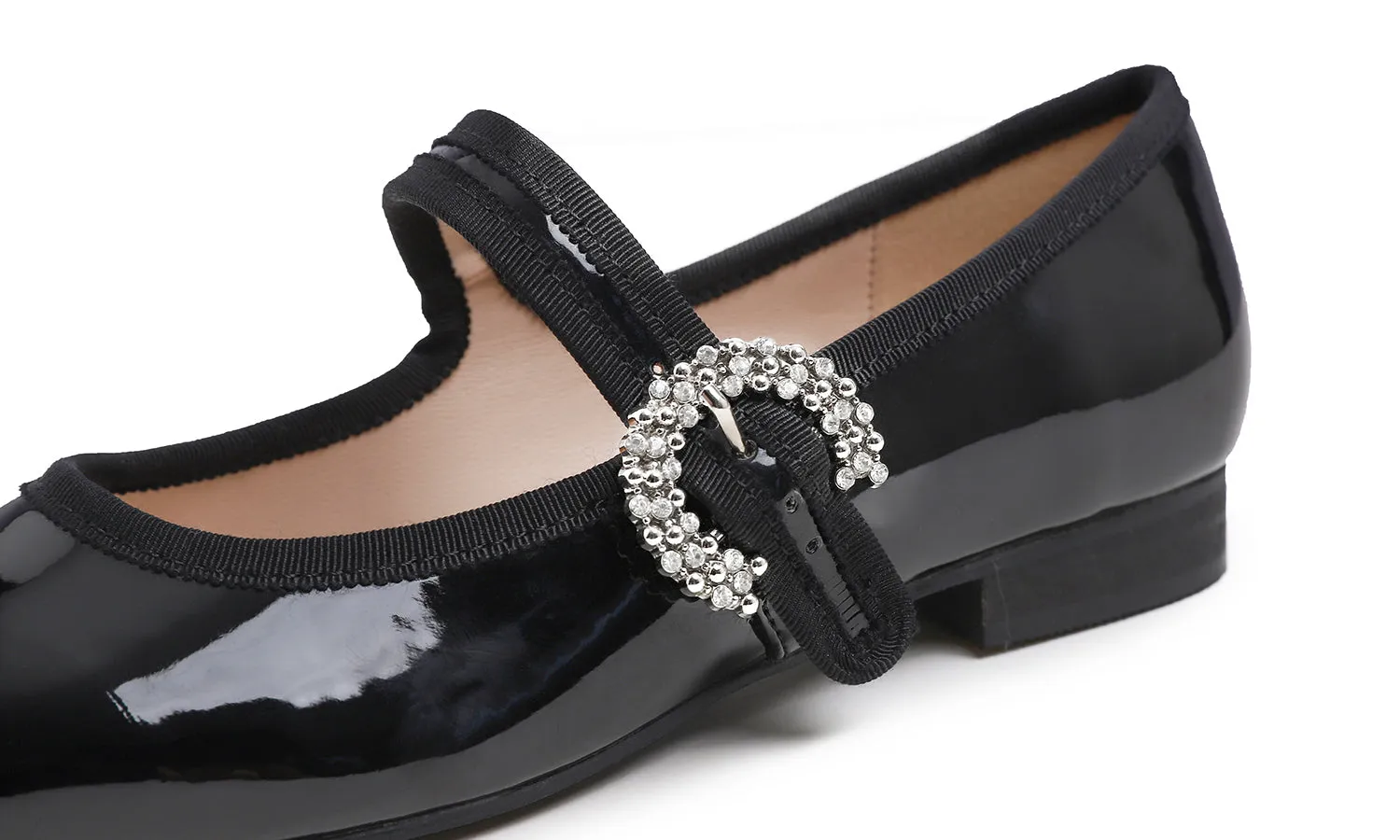 Feversole Women's Mary Jane Fashion Square Toe Easy Buckle Low Heel Slip On Flats Patent Vegan Leather Rhinestones