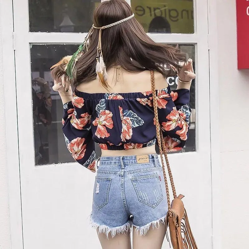 Floral Print Off Shoulder Long Sleeve Tops Blouse