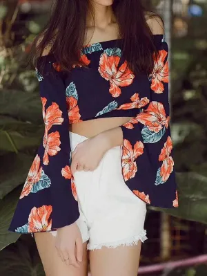 Floral Print Off Shoulder Long Sleeve Tops Blouse