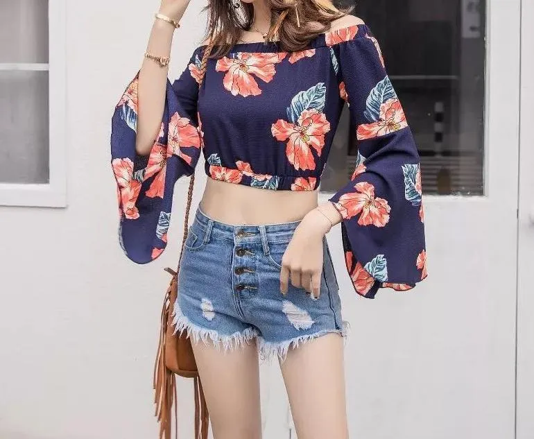 Floral Print Off Shoulder Long Sleeve Tops Blouse