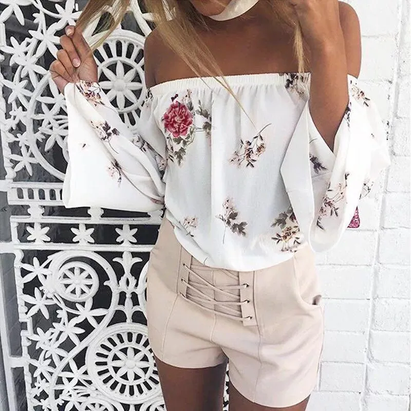 Floral Print Off Shoulder Long Sleeve Tops Blouse