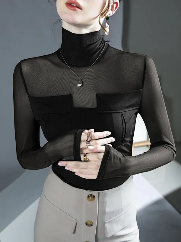 Gauze See-Through Split-Joint Long Sleeves Skinny High-Neck T-Shirts Tops