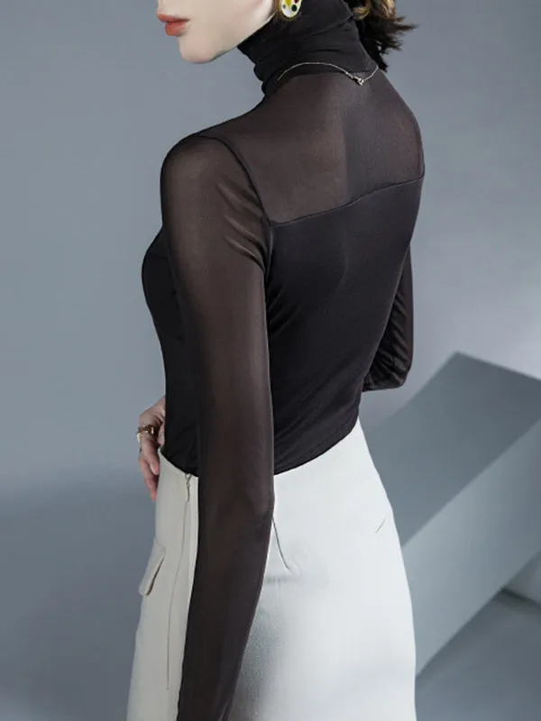 Gauze See-Through Split-Joint Long Sleeves Skinny High-Neck T-Shirts Tops