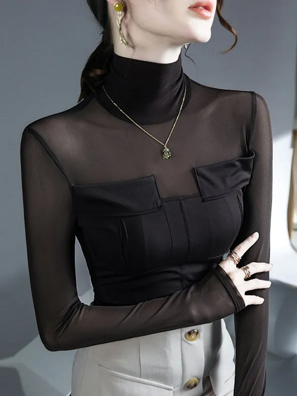 Gauze See-Through Split-Joint Long Sleeves Skinny High-Neck T-Shirts Tops