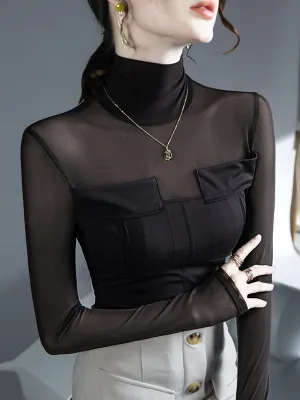 Gauze See-Through Split-Joint Long Sleeves Skinny High-Neck T-Shirts Tops