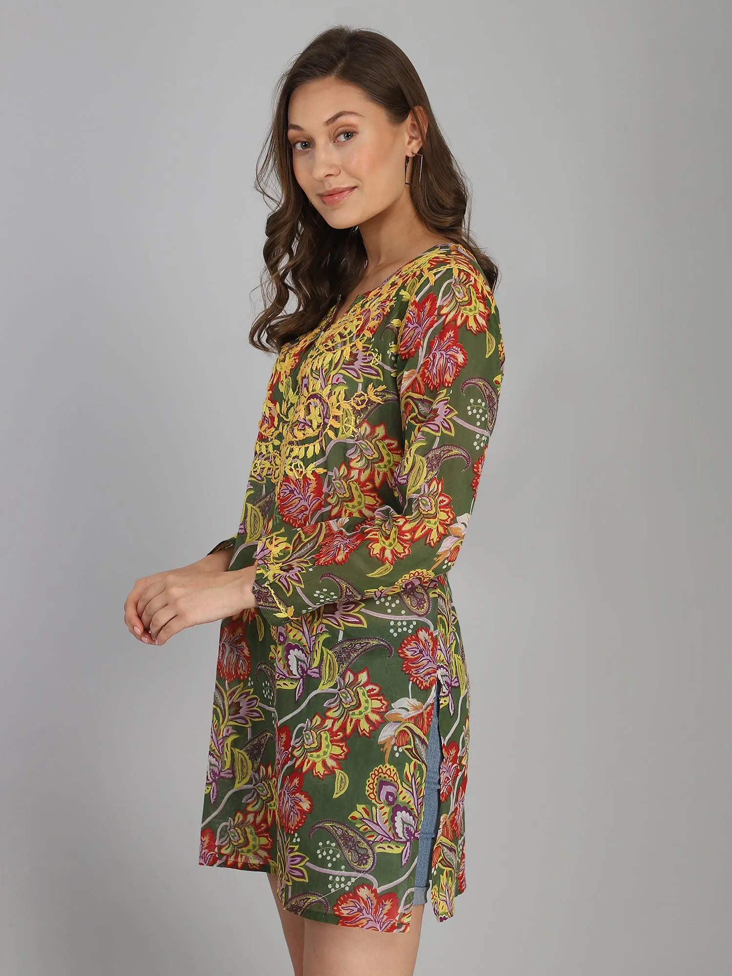 Green hand embroidered cotton tunic