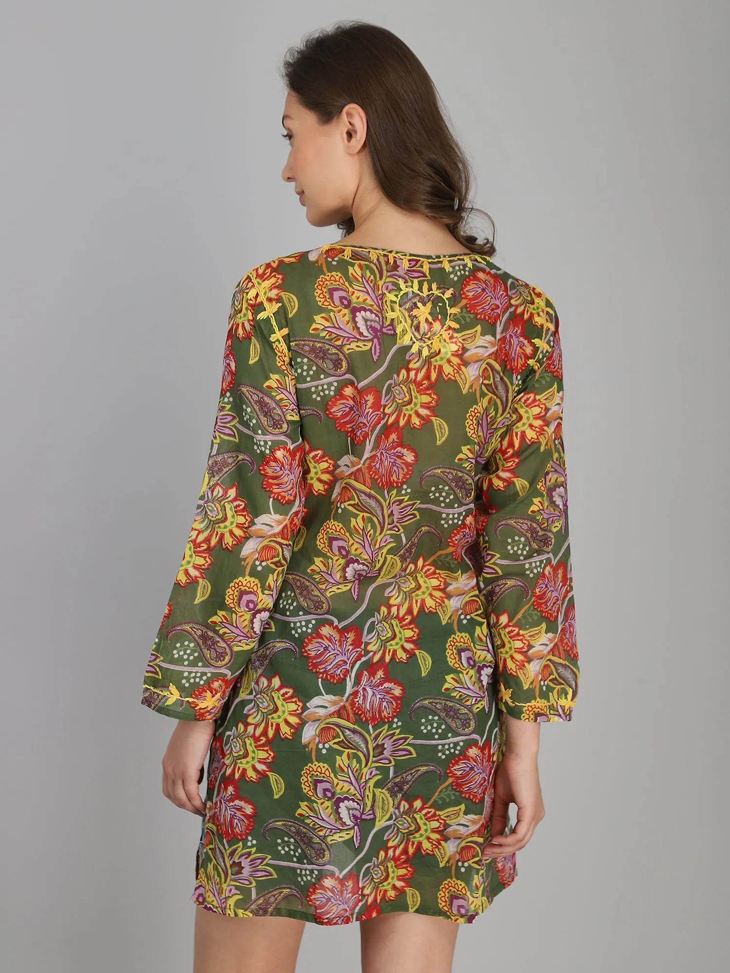 Green hand embroidered cotton tunic