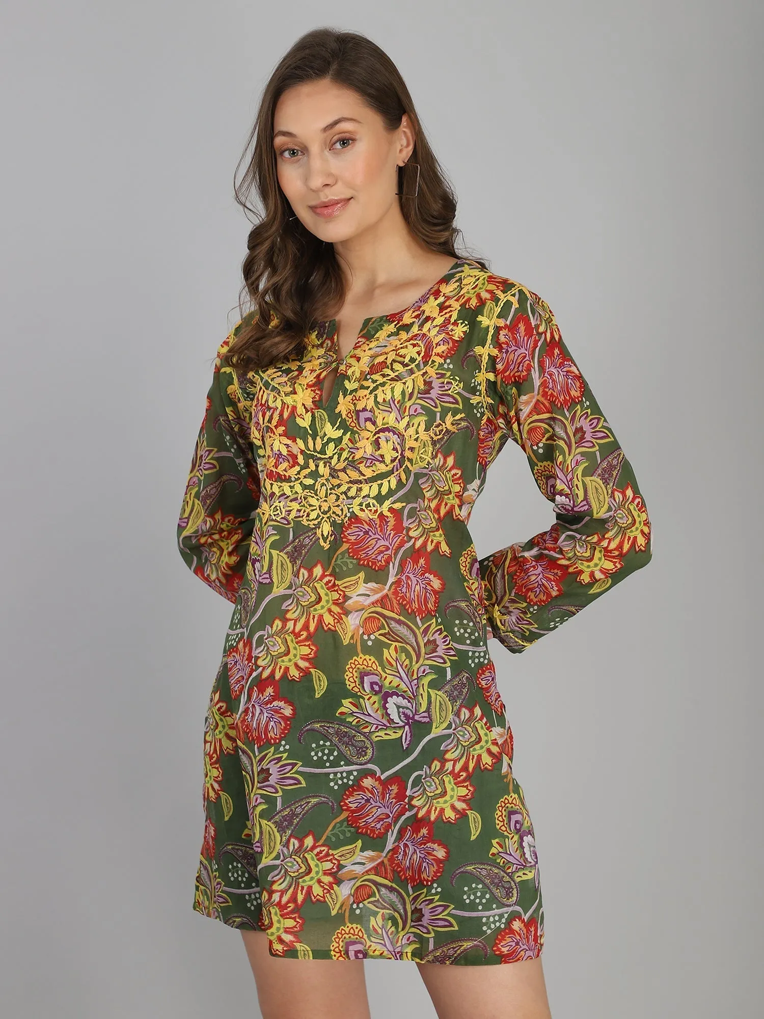 Green hand embroidered cotton tunic