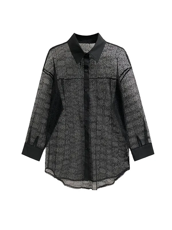 Lacy See-Through Solid Color Long Sleeves Loose Lapel Blouses&shirts Tops
